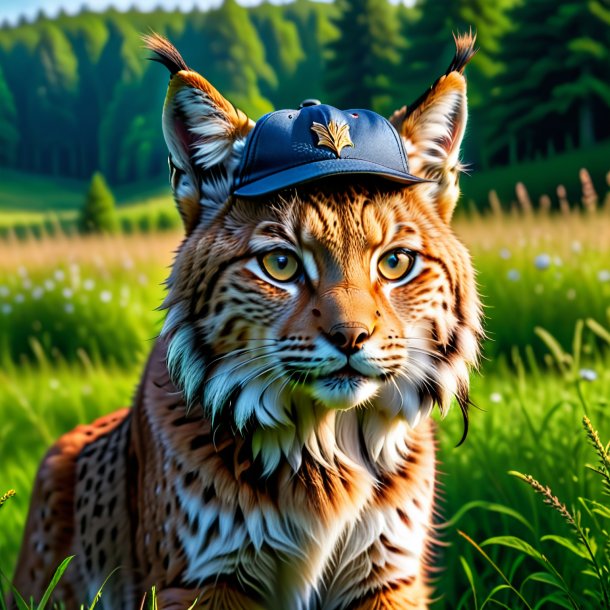 Photo of a lynx in a cap in the meadow