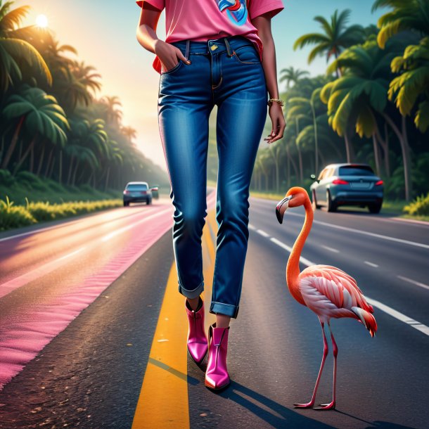 Illustration of a flamingo in a jeans on the road