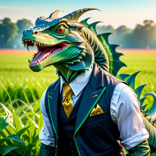 Photo of a basilisk in a vest on the field