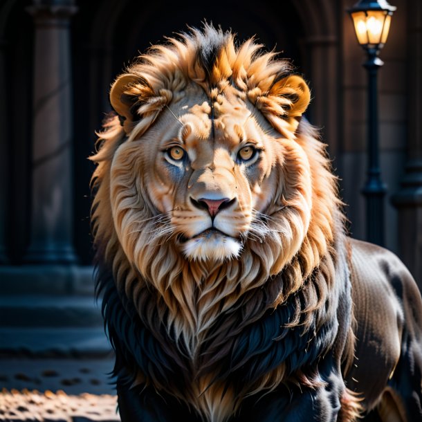 Foto de un león con un abrigo negro