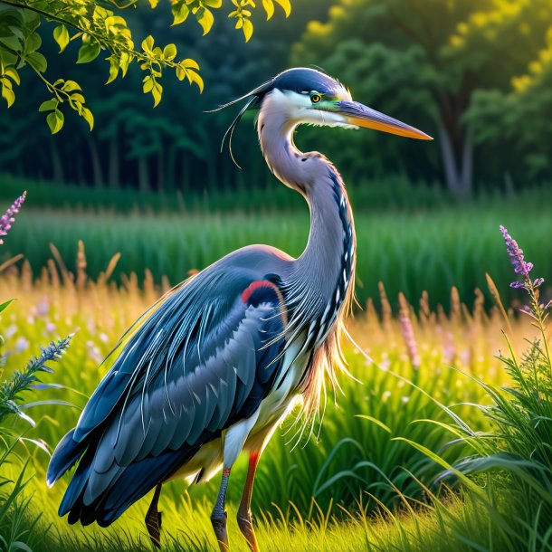 Picture of a heron in a dress in the meadow