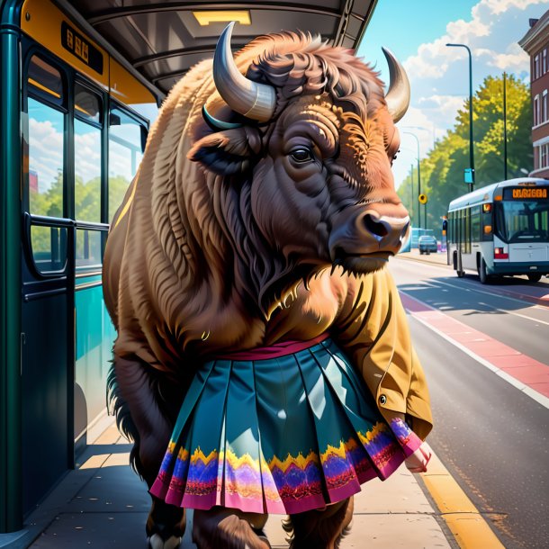 Illustration of a bison in a skirt on the bus stop