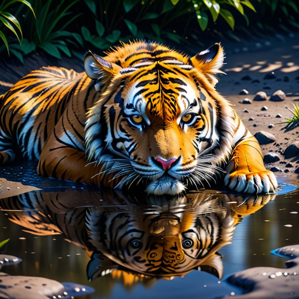 Image of a sleeping of a tiger in the puddle