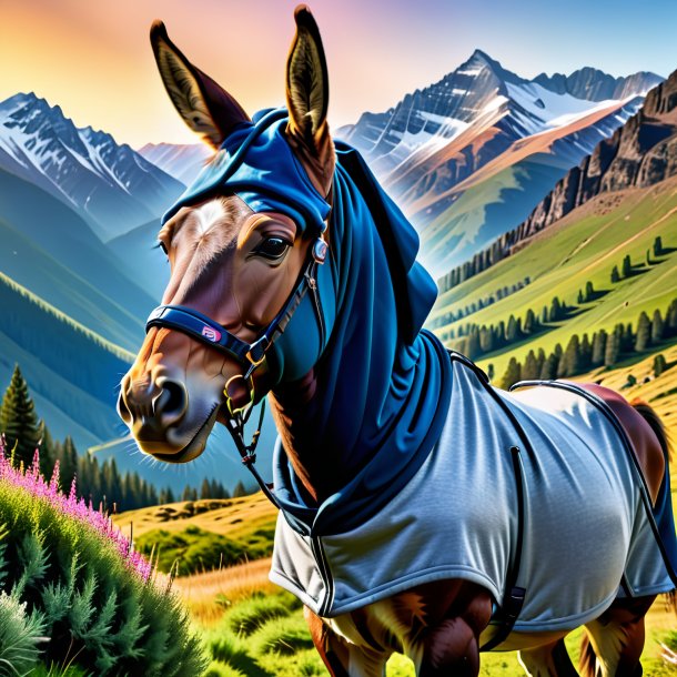 Image of a mule in a hoodie in the mountains