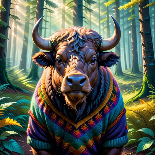 Drawing of a buffalo in a sweater in the forest