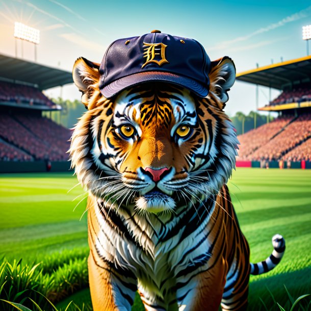 Photo of a tiger in a cap on the field