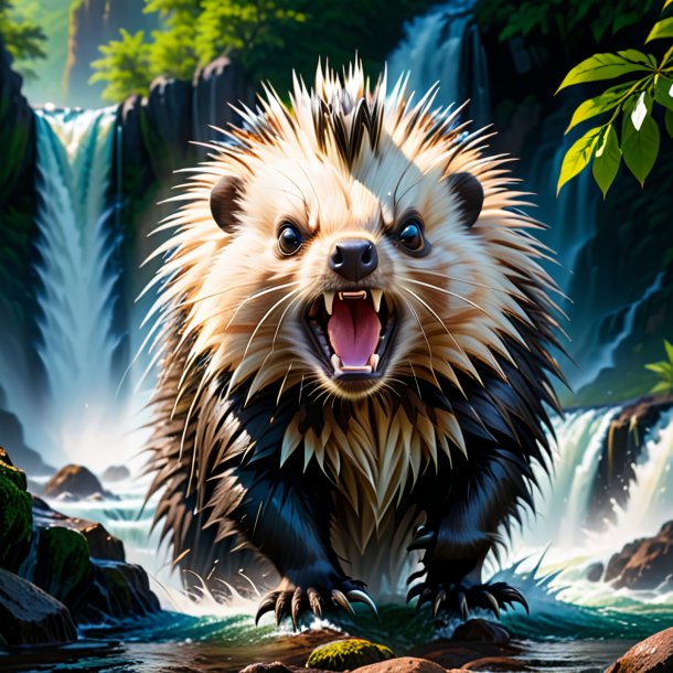 Image of a angry of a porcupine in the waterfall