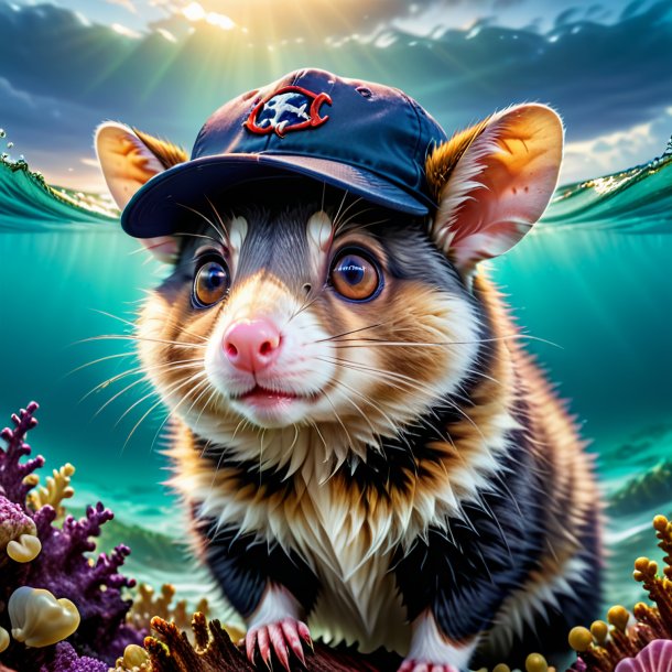 Pic d'un opossum dans un chapeau dans la mer