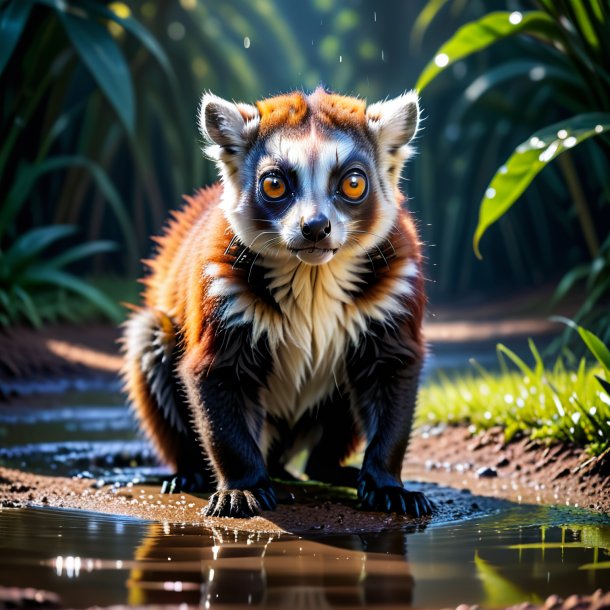 Photo of a threatening of a lemur in the puddle