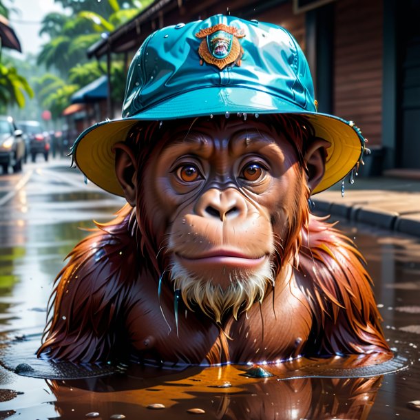 Drawing of a orangutan in a cap in the puddle