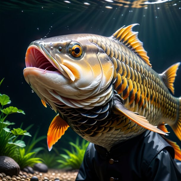 Imagem de uma carpa em um casaco preto