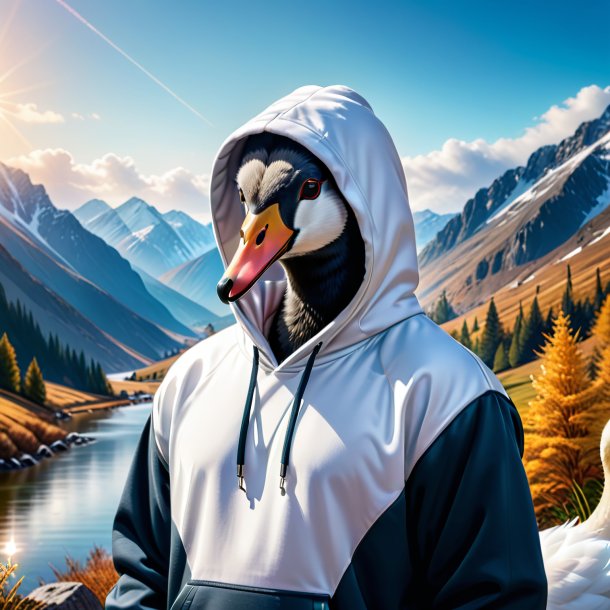 Photo of a swan in a hoodie in the mountains