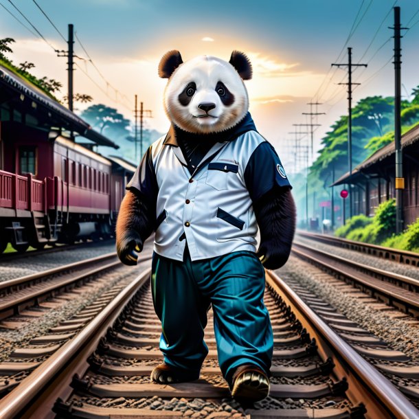 Picture of a giant panda in a trousers on the railway tracks