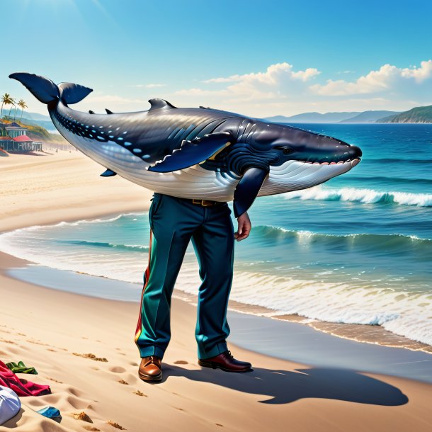 Drawing of a whale in a trousers on the beach