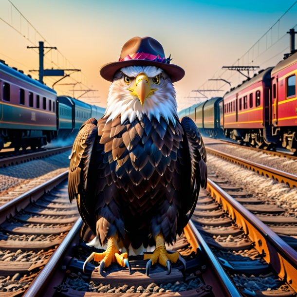 Image of a eagle in a hat on the railway tracks