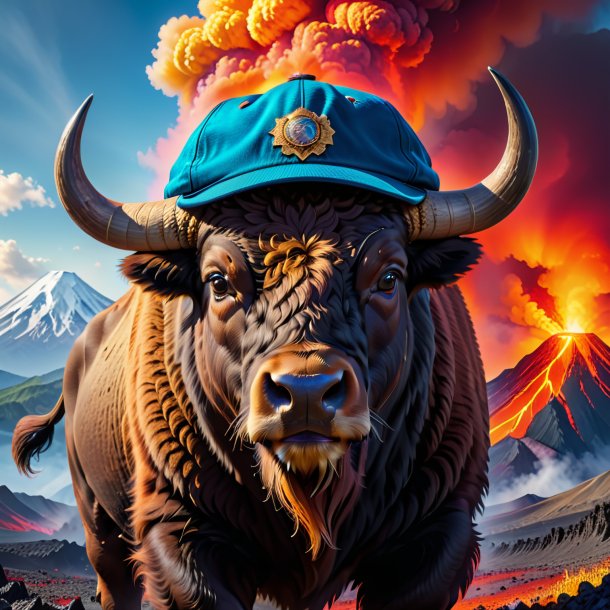 Picture of a bison in a cap in the volcano