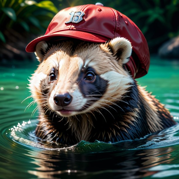 Imagen de un tejón en una gorra en el agua