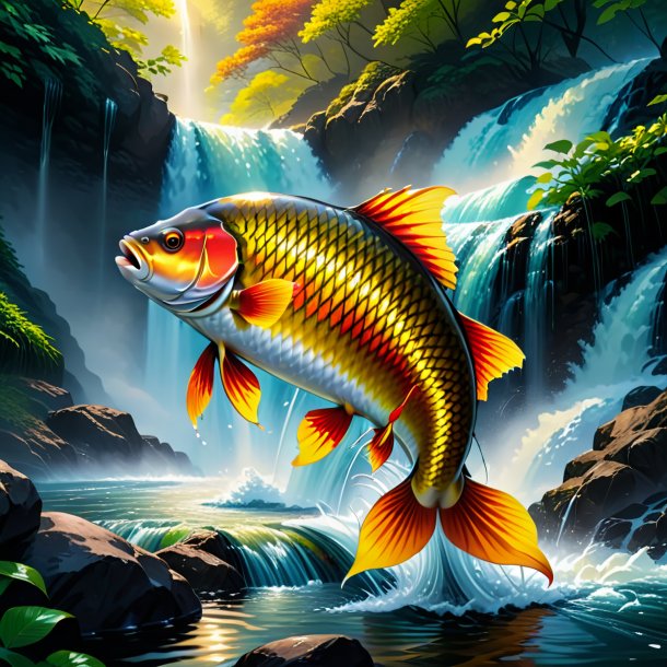 Illustration of a carp in a jacket in the waterfall