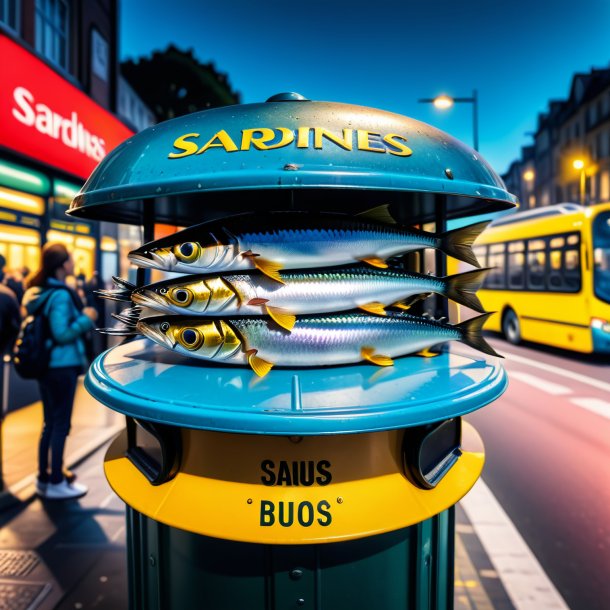 Pic d'une sardine dans une casquette sur l'arrêt de bus