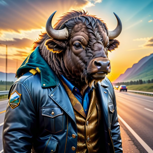 Pic of a buffalo in a jacket on the highway