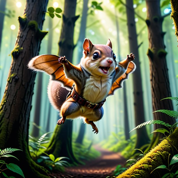 Photo of a flying squirrel in a belt in the forest