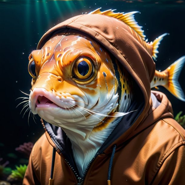 Photo of a fish in a brown hoodie