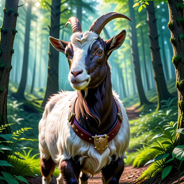 Pic of a goat in a belt in the forest