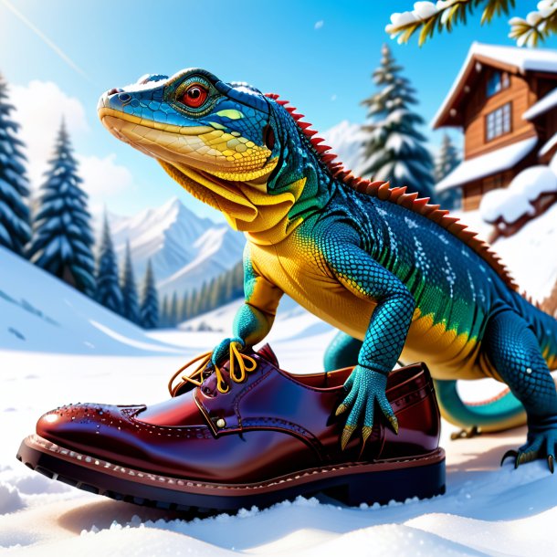 Desenho de um lagarto monitor em um sapato na neve