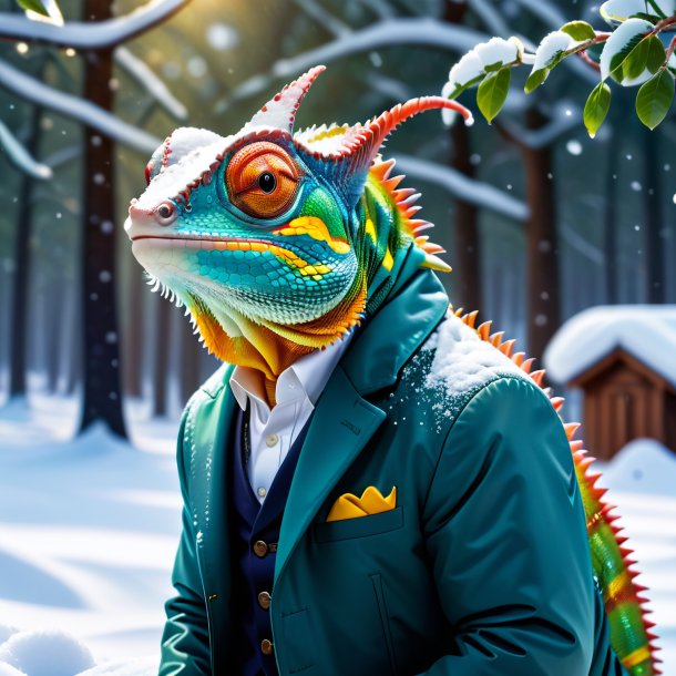 Image of a chameleon in a jacket in the snow