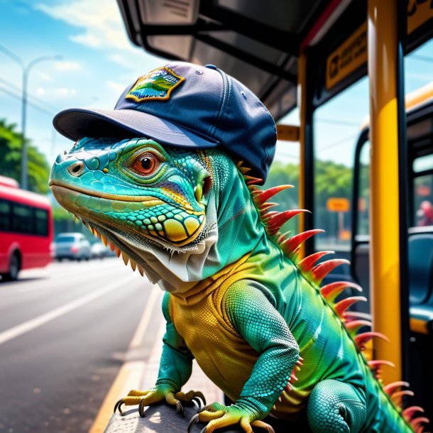 Image of a iguana in a cap on the bus stop