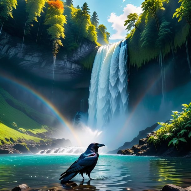 Picture of a swimming of a crow in the waterfall