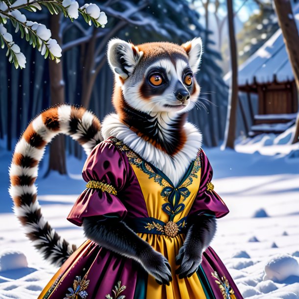 Picture of a lemur in a dress in the snow