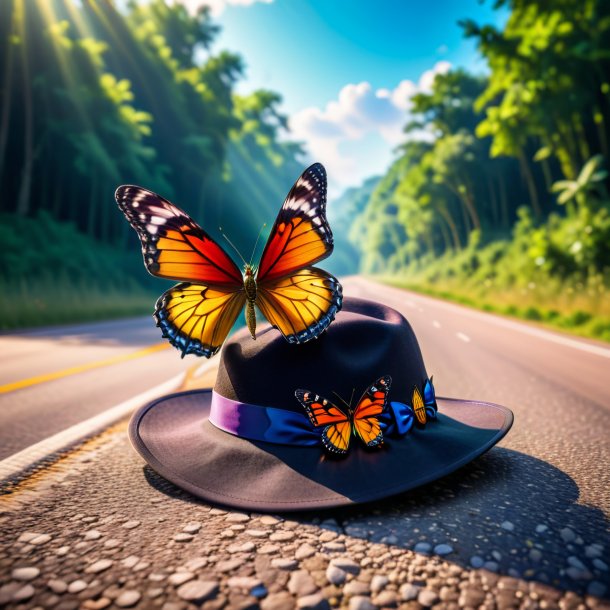 Picture of a butterfly in a hat on the road