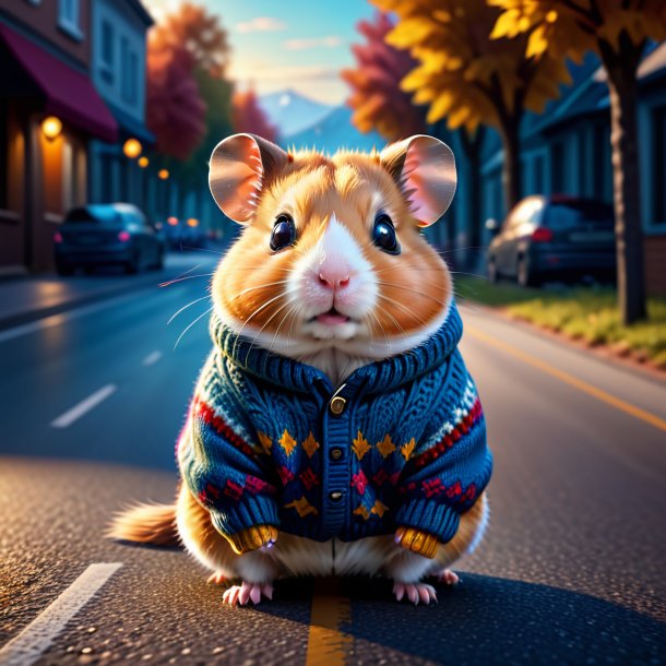 Illustration of a hamster in a sweater on the road