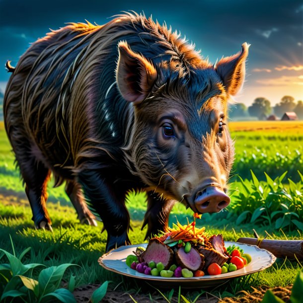 Picture of a eating of a boar on the field