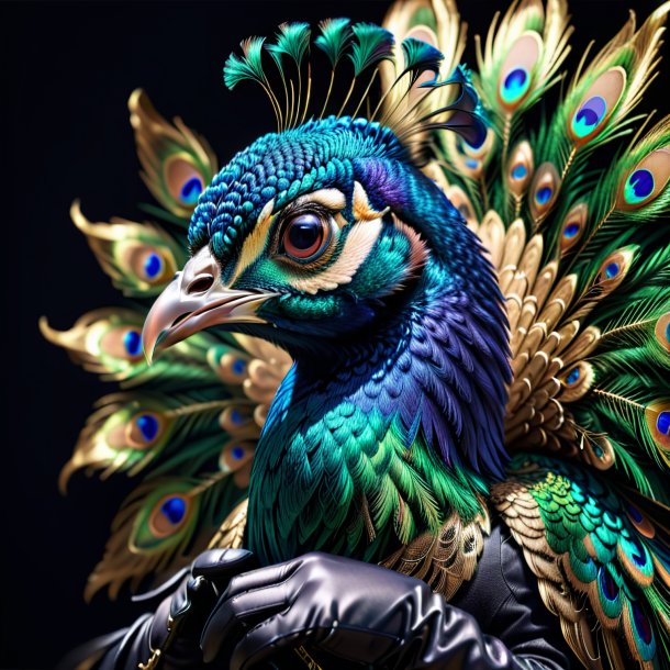 Foto de un pavo real en guantes negros