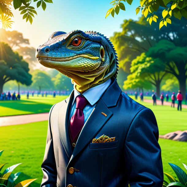 Illustration of a monitor lizard in a jacket in the park