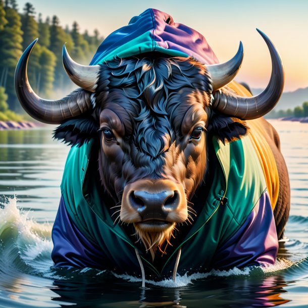 Picture of a buffalo in a hoodie in the water