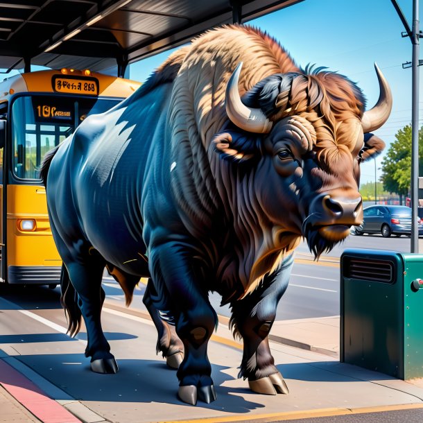 Photo of a buffalo in a jeans on the bus stop