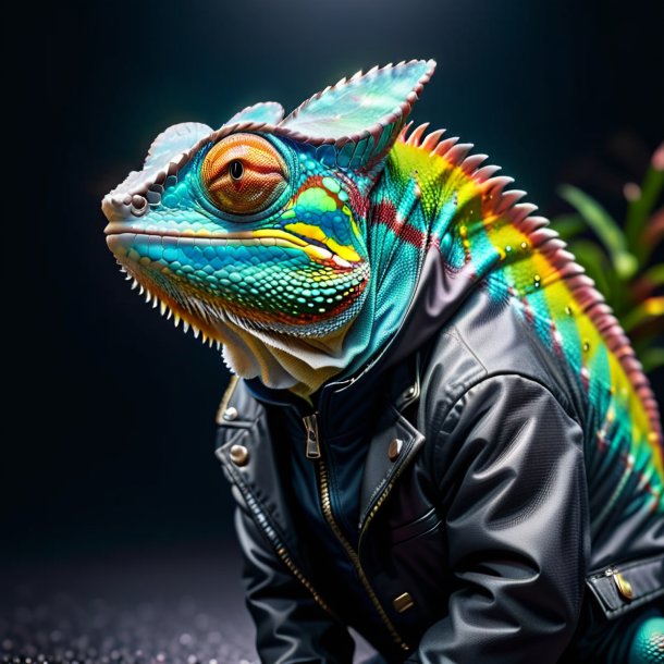 Photo of a chameleon in a black jacket