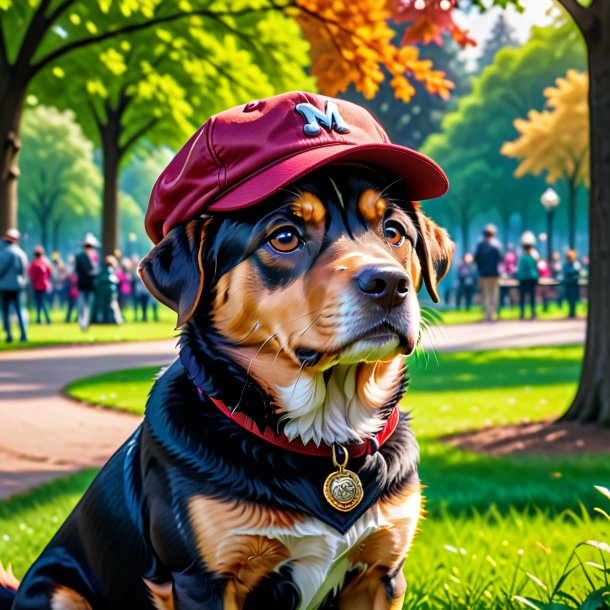 Foto de um cão em um boné no parque