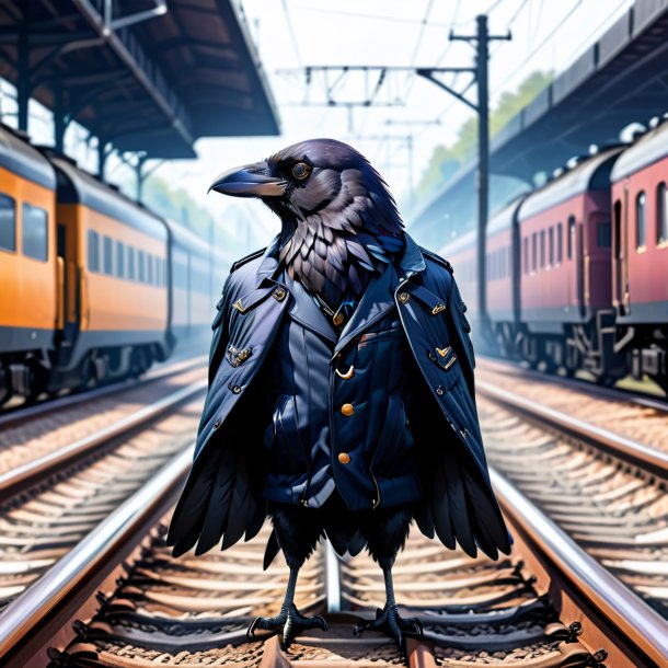 Ilustração de um corvo em uma jaqueta nos trilhos ferroviários