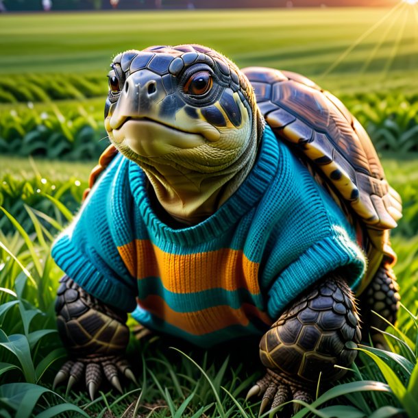 Photo of a tortoise in a sweater on the field