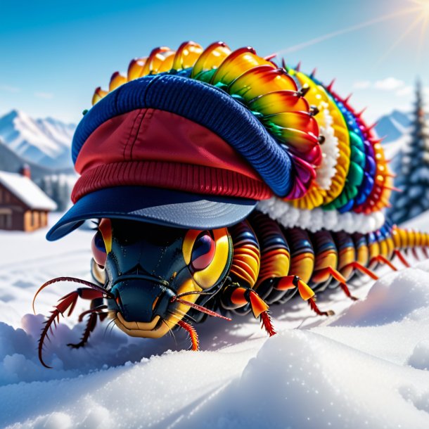 Foto de un ciempiés en una gorra en la nieve