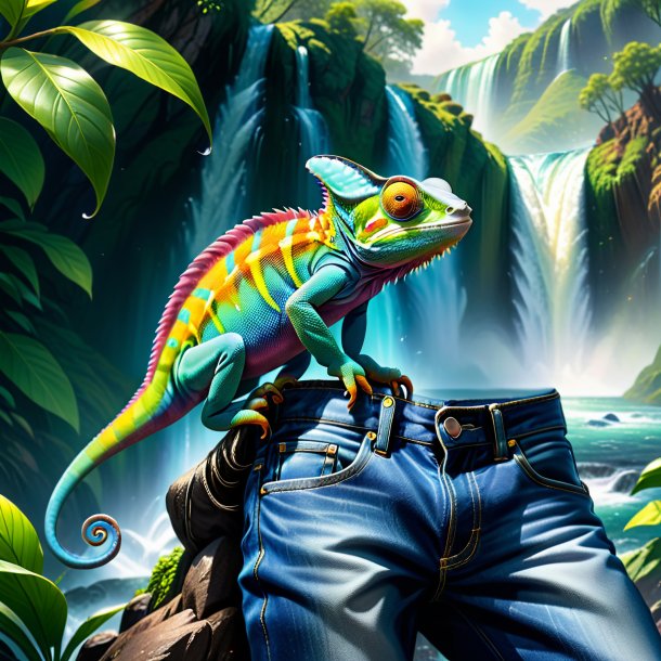 Drawing of a chameleon in a jeans in the waterfall