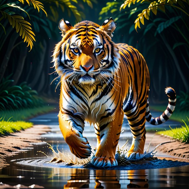 Image of a dancing of a tiger in the puddle