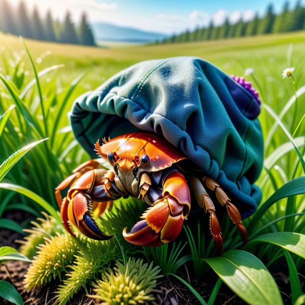 Illustration of a hermit crab in a coat in the meadow