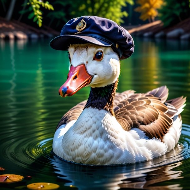 Photo of a goose in a cap in the water