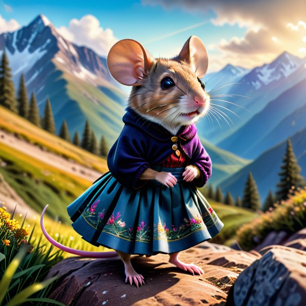 Photo of a mouse in a skirt in the mountains