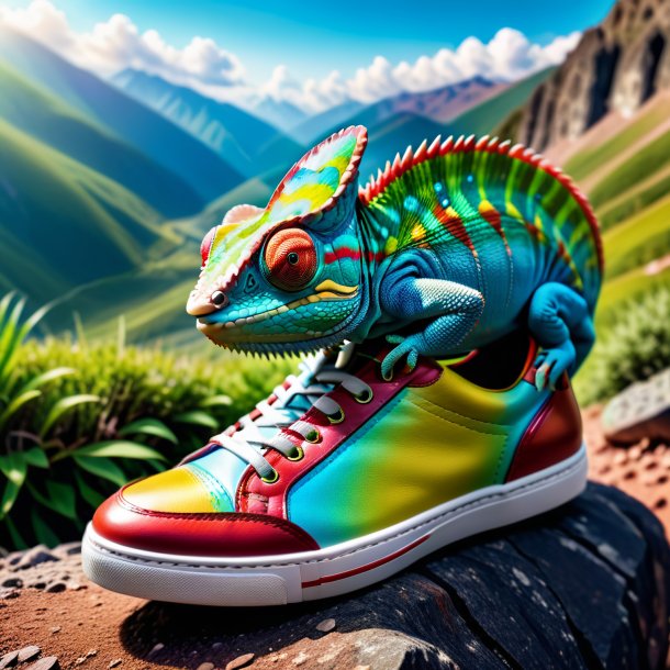 Photo of a chameleon in a shoes in the mountains